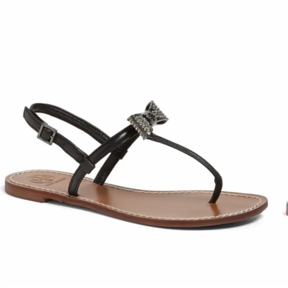 Tory Burch Bryn Pave Bow flat black leather sandals, t strap / ankle strap